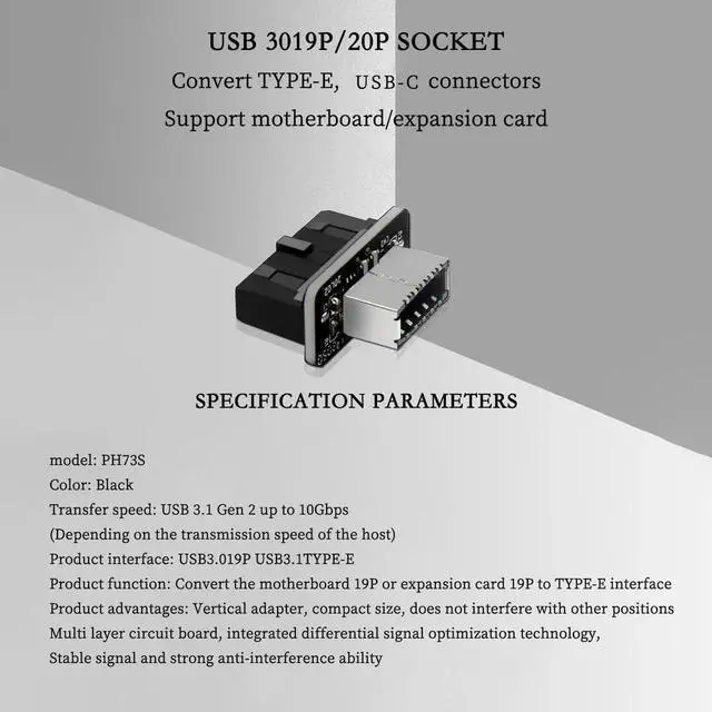 Alt view image 5 of 5 - PH73S USB Front Panel Adapter 10Gbps Type-E USB 3.0 Front 19PIN to 3.1 USB C Header Support for Motherboard with USB 3.0 USB3.1 19PIN Interface (1)