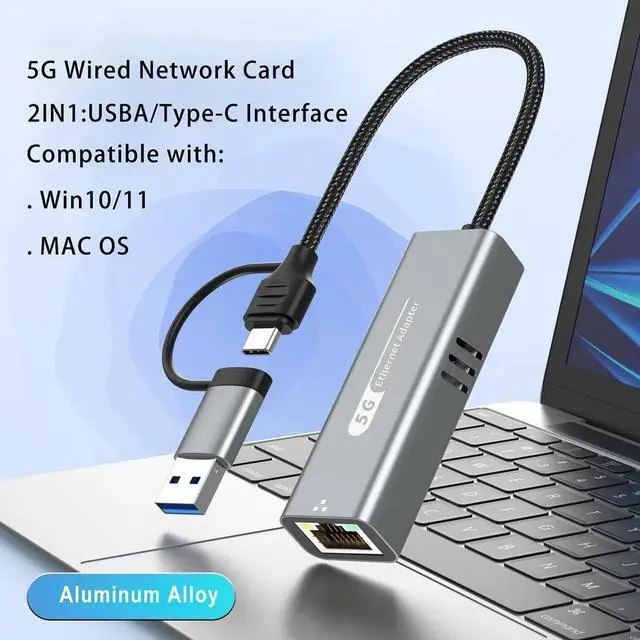 Alt view image 4 of 7 - 5G USB 3.2 Ethernet Adapter with RTL8157, 2-in-1 USB-A/Type-C to 5Gbps Network Card RJ45 LAN Converter for PC Laptop Windows Mac OS Linux(5Gbps Need Type-C > 3.2)