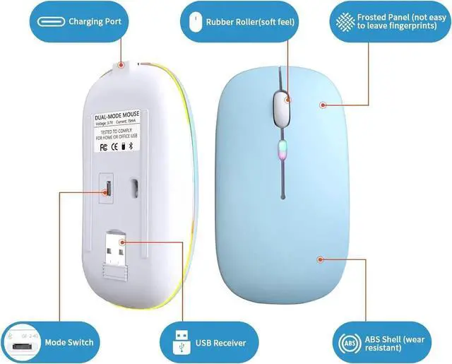 Alt view image 2 of 7 - Wireless Bluetooth Mouse, Rechargeable, LED, Silent, Ultra-thin Design (Bluetooth 5.2 and 2.4GHz USB Receiver) | Portable Computer Mouse for Laptops, iPads, MacBooks and Apple Devices (Black) Blue