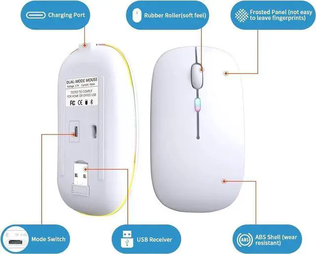 Alt view image 4 of 7 - Wireless Bluetooth Mouse, Rechargeable, LED, Silent, Ultra-thin Design (Bluetooth 5.2 and 2.4GHz USB Receiver) | Portable Computer Mouse for Laptops, iPads, MacBooks and Apple Devices (White)