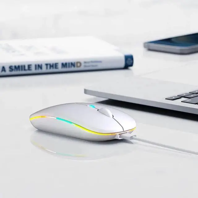 Alt view image 7 of 7 - Wireless Bluetooth Mouse, Rechargeable, LED, Silent, Ultra-thin Design (Bluetooth 5.2 and 2.4GHz USB Receiver) | Portable Computer Mouse for Laptops, iPads, MacBooks and Apple Devices (White)