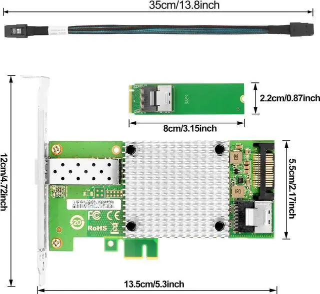 Alt view image 2 of 6 - M.2 to 10GbE SFP+ NIC, Single SFP+ Port with In-tel 82599 chip, M.2 + M Key + SFF-8087 with 35cm(13.7in) Cable, 10 Gigabit Network Card for Windows, Linux, UEFI