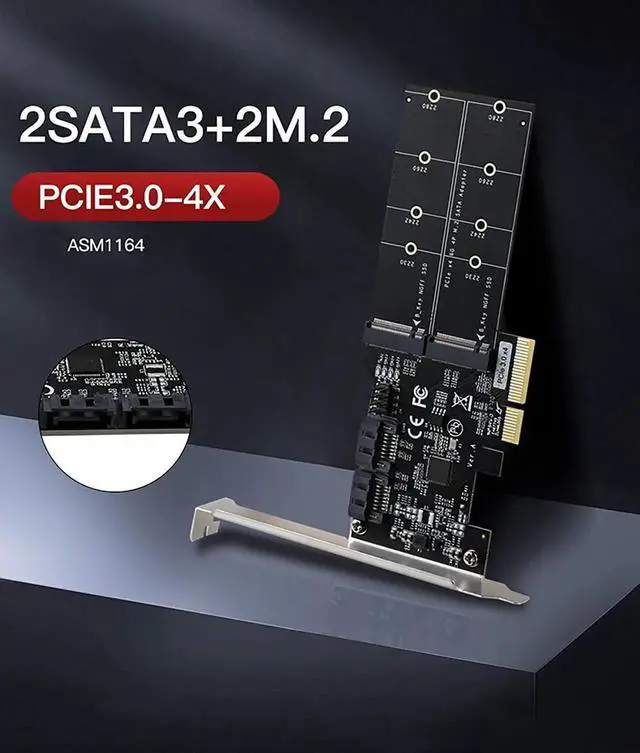 Alt view image 5 of 7 - 4in1 Dual M.2 NGFF (B Key) SSD+ Dual SATAIII 6G SSD/HDD to PCI Express 4X Converter Adapter with Low Profile Bracket for Desktop PC
