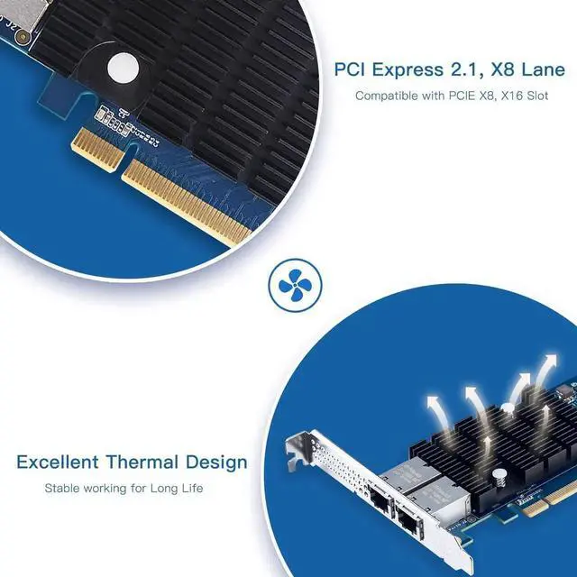 Alt view image 2 of 7 - 10Gb PCI-E Network Card NIC, Dual RJ45 Ports, Compare to Intel X540-T2, with Intel X540-BT2 Chip, PCI Express X8, 10Gbase-T LAN Adapter Support Windows Server/Windows/Linux/VMware