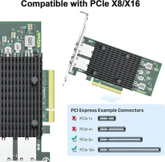 Alt view image 2 of 5 - PCIE X8 Interface to 2X 10Gbps RJ45 Ports Network Adapter, X540-AT2 Ethernet Controller, 2X 10GbE RJ45 Interface PCIE NIC Card, PCI Express 10GbE Converged Network Adapter (X540T2)