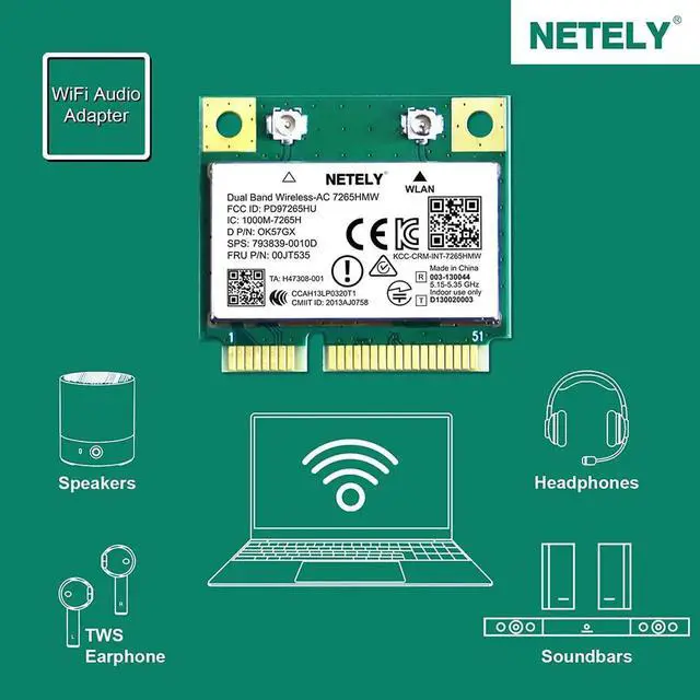 Alt view image 3 of 6 - NETELY Wireless-AC 7265HMW Mini-PCIE Interface WiFi Adapter-Wireless-AC 1200Mbps (2.4GHz 300Mbps & 5GHz 867Mbps) Network Card with WiFi Audio Adapter (Wireless-AC 7265HMW)