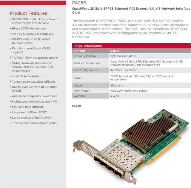 Alt view image 2 of 2 - High-Performance, Feature-Rich NetXtreme E-Series Quad-Port 25G PCIe Ethernet NIC,P425G - 4 x 25/10GbE PCIe NIC