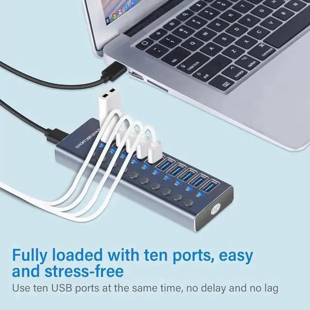 Alt view image 2 of 7 - 10-Port USB 3.0 Hub with Power Adapter - USB-A Hub with Individual On/Off Switches - [Durable Aluminum] - High Speed USB 3.0 (5Gbps) - (5Gbps) Hub