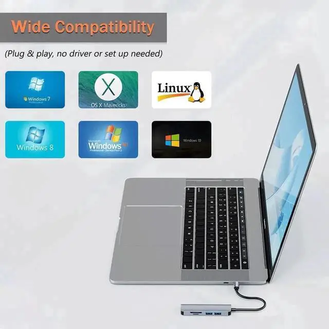 Alt view image 3 of 7 - Aluminum 5 in 1 USB C & USB Hub with USB 3.0, 2*USB 2.0 Ports, TF/SD Card Reader for PC/Laptops/MacBook Pro/Air/iMac/iPad and More Devices