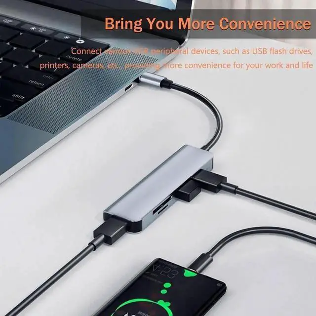 Alt view image 4 of 7 - Aluminum 5 in 1 USB C & USB Hub with USB 3.0, 2*USB 2.0 Ports, TF/SD Card Reader for PC/Laptops/MacBook Pro/Air/iMac/iPad and More Devices