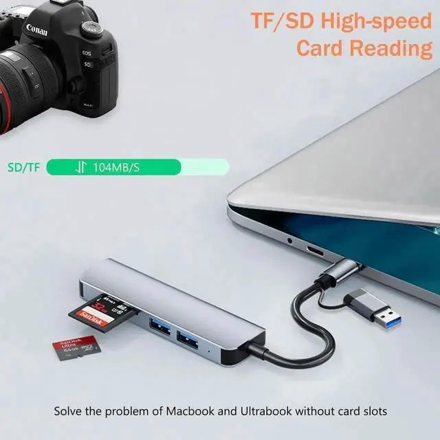 Alt view image 7 of 7 - Aluminum 5 in 1 USB C & USB Hub with USB 3.0, 2*USB 2.0 Ports, TF/SD Card Reader for PC/Laptops/MacBook Pro/Air/iMac/iPad and More Devices