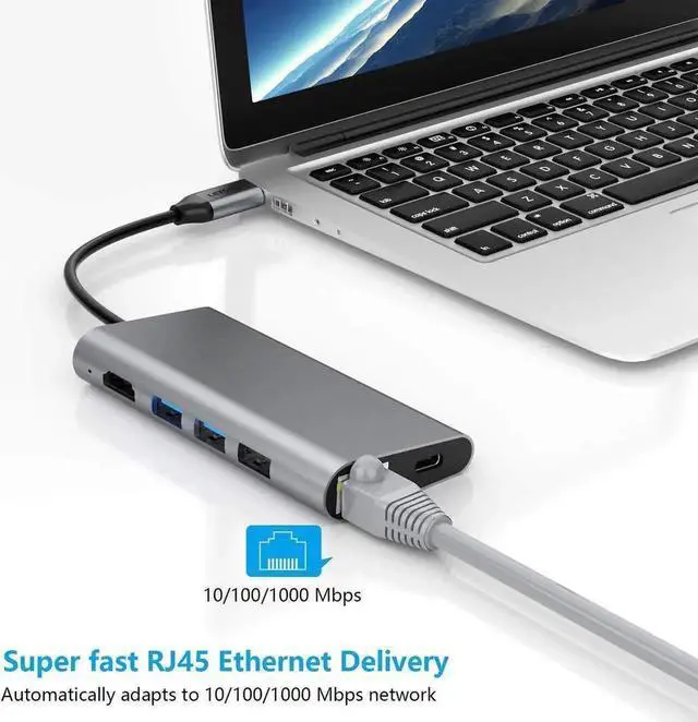 Alt view image 3 of 7 - USB C Hub, USB C Adapter 8 in 1 Type C Hub Adapter with 4K USB C to HDMI, Ethernet Port, SD/TF Card Reader, USB-C PD Charging Port, 3 USB 3.0 Ports for Mac/Pro, Chromebook and Type C Windows Laptops