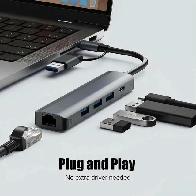 Alt view image 4 of 4 - USB C HUB USB-C Multiport Adapter Type C 3.1 USB 3.0 Data Transfer Gigabit Ethernet RJ45 1000Mbps Splitter for MacBook Pro Air
