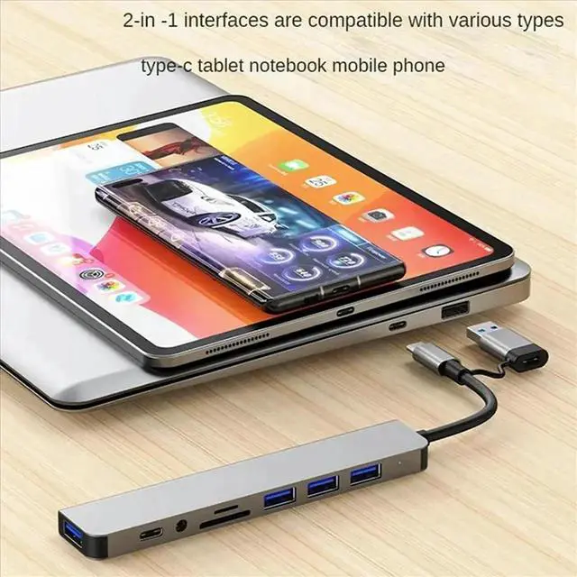 Alt view image 2 of 4 - 8 in 2 USB +Type C HUB Docking Station with 3.5mm Audio Jack Adapter Micro SD Card Reader Laptop Tablet Phone Disk Converter