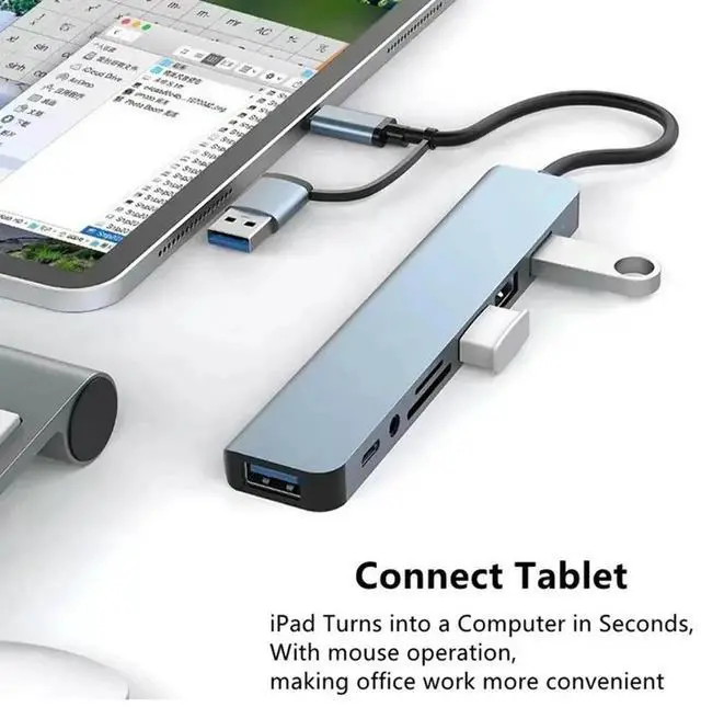 Alt view image 3 of 4 - 8 in 2 USB +Type C HUB Docking Station with 3.5mm Audio Jack Adapter Micro SD Card Reader Laptop Tablet Phone Disk Converter