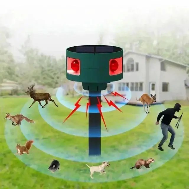 Alt view image 2 of 3 - Aomoproing Solar Infrared Motion Sensor Alarm Detector Waterproof Outdoor Animal Repeller Security Alarm 129dB Dog Barking Gunshots Sound