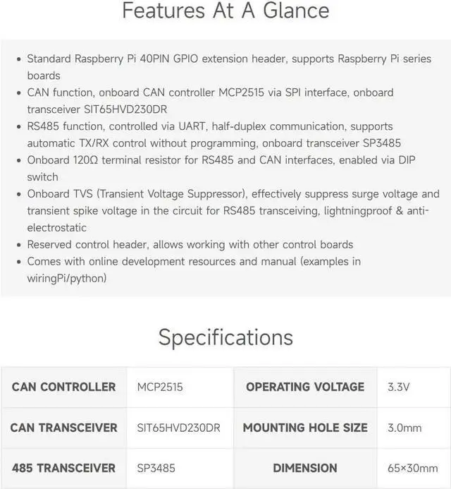 Alt view image 2 of 7 - RS485 CAN HAT, Compatible with Raspberry Pi 5/4B/3B/Zero/Zero W/Zero 2W/Pico/Pico W/Pico WH, Allowing Stable Long-Distance RS485/CAN Communication