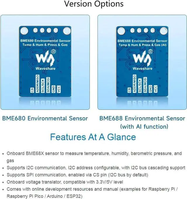 Alt view image 3 of 7 - BME680 Environmental Sensor, Supports Temperature/Humidity/Barometric Pressure/VOC Gas Detection, I2C and SPI, Support Raspberry Pi/Raspberry Pi Pico/for Arduino / ESP32, etc.
