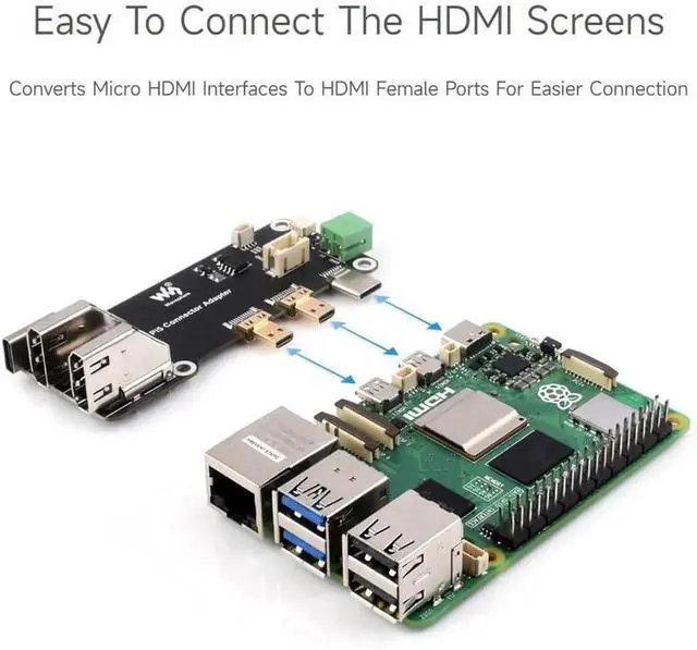 Alt view image 7 of 7 - Waveshare Micro HDMI to HDMI Multifunctional Adapter, Compatible with Raspberry Pi 5/4B, Dual 4K Outputs, Power Via Type-C Port or Screw Terminal