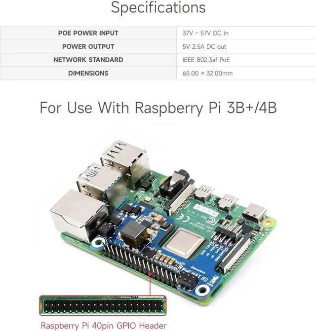 Alt view image 2 of 7 - Waveshare PoE HAT (E) Compatible with Raspberry Pi 3B+/4B 802.3af-Compliant, Fully Isolated Switched-Mode Power Supply (SMPS)
