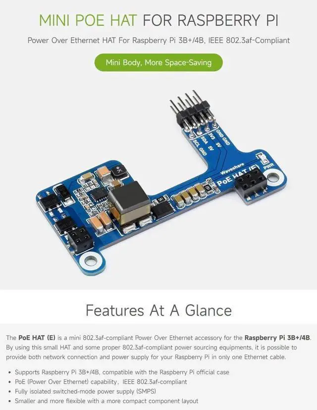 Alt view image 4 of 7 - Waveshare PoE HAT (E) Compatible with Raspberry Pi 3B+/4B 802.3af-Compliant, Fully Isolated Switched-Mode Power Supply (SMPS)