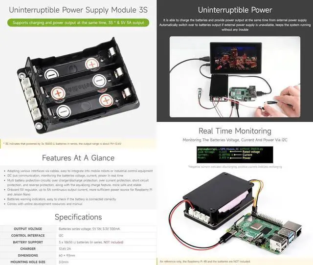 Alt view image 3 of 7 - Uninterruptible Power Supply (UPS) Module, Supports Charging and Power Output at The Same Time, 3S & 5V 5A Output, Compatible with Raspberry Pi Board