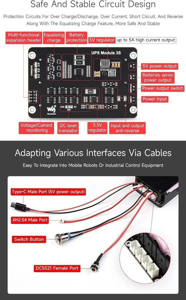 Alt view image 2 of 7 - Uninterruptible Power Supply (UPS) Module, Supports Charging and Power Output at The Same Time, 3S & 5V 5A Output, Compatible with Raspberry Pi Board