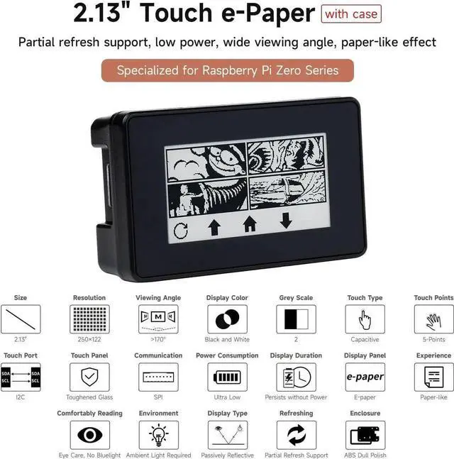 Alt view image 7 of 7 - 2.13inch Touch E-Paper E-Ink Display HAT Compatible with Raspberry Pi Zero/Zero W 250×122 Pixels with ABS Protection Case Supports Partial Refresh