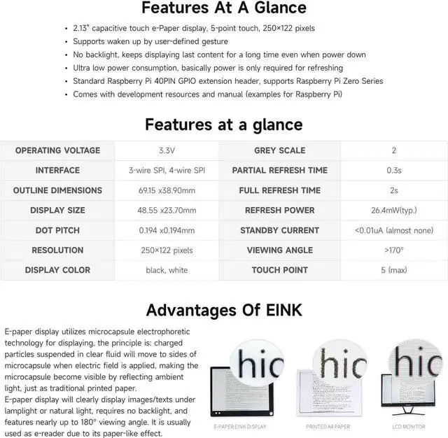 Alt view image 3 of 7 - 2.13inch Touch E-Paper E-Ink Display HAT Compatible with Raspberry Pi Zero/Zero W 250×122 Pixels with ABS Protection Case Supports Partial Refresh