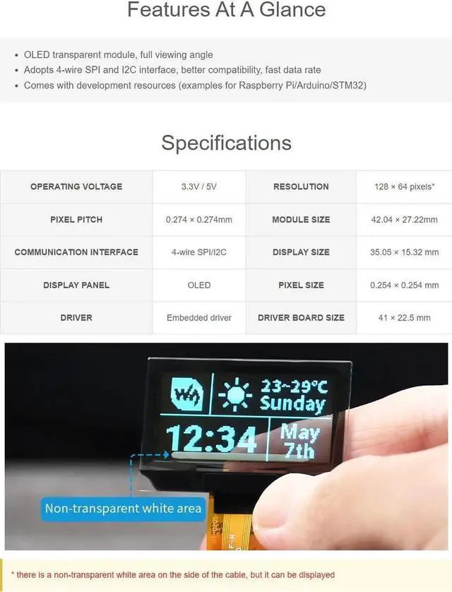 Alt view image 7 of 7 - 1.51inch Transparent OLED 128×64 Resolution Compatible with Raspberry Pi 4B/3B+/3A+ Embedded Independent Driver Chip SPI/I2C Interfaces Light Blue Color Display