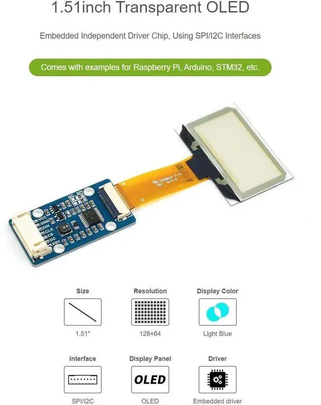 Alt view image 5 of 7 - 1.51inch Transparent OLED 128×64 Resolution Compatible with Raspberry Pi 4B/3B+/3A+ Embedded Independent Driver Chip SPI/I2C Interfaces Light Blue Color Display