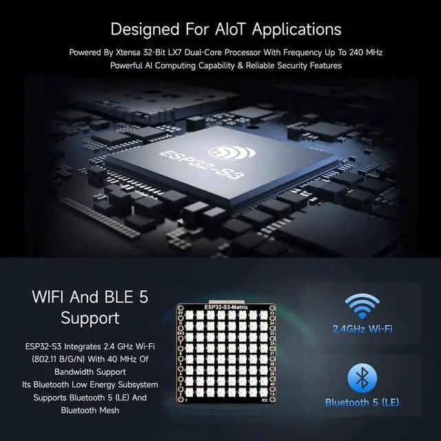 Alt view image 7 of 7 - ESP32-S3-Matrix Development Board, Onboard 8×8 RGB LED Matrix and QMI8658C Attitude Sensor, Supports Wi-Fi and Bluetooth LE, ESP32 Development Board
