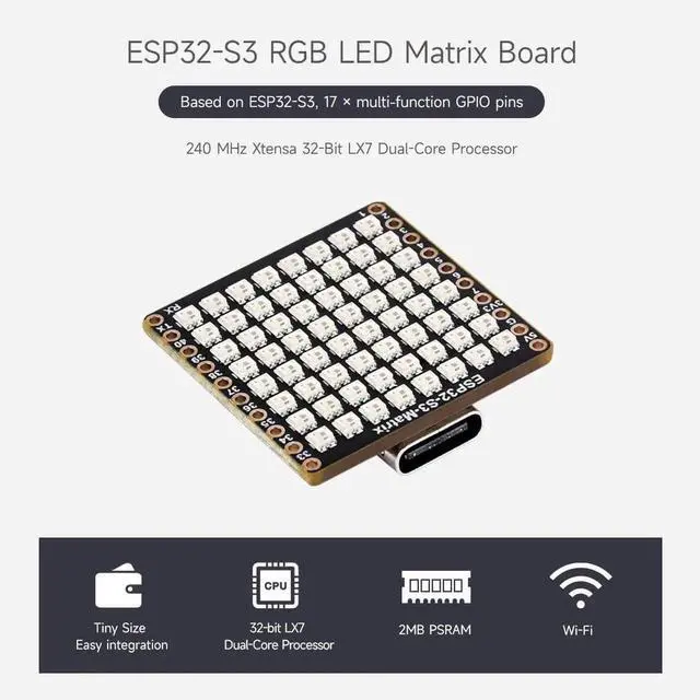 Alt view image 3 of 7 - ESP32-S3-Matrix Development Board, Onboard 8×8 RGB LED Matrix and QMI8658C Attitude Sensor, Supports Wi-Fi and Bluetooth LE, ESP32 Development Board