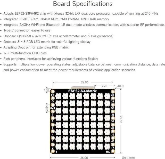 Alt view image 6 of 7 - ESP32-S3-Matrix Development Board, Onboard 8×8 RGB LED Matrix and QMI8658C Attitude Sensor, Supports Wi-Fi and Bluetooth LE, ESP32 Development Board