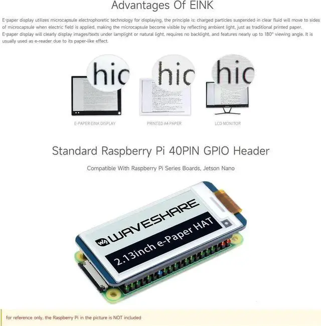Alt view image 7 of 7 - 2PCS Waveshare 2.13inch E-Ink Display HAT V4 Version Compatible with Raspberry Pi 5/4B/3B+/3B/2B/B+/A+/Zero/Zero W/WH/Zero 2W, 250x122 Resolution SPI Interface Supports Partial Refresh