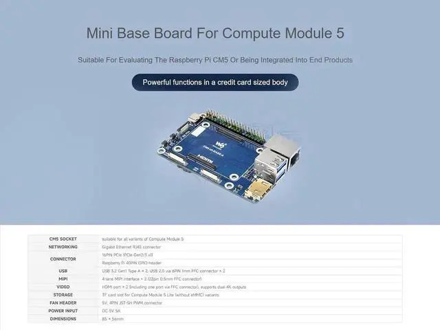 Alt view image 3 of 7 - Mini Base Board for Raspberry Pi CM5 Lite/eMMC Series Module, Compute Module 5 Mini IO Board with CM5 Socket/40PIN GPIO Header/RJ45 Gigabit Eth/16PIN PCIe/HDMI/USB 3.2/USB 2.0 Interface etc.