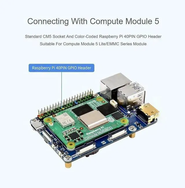 Alt view image 5 of 7 - Mini Base Board for Raspberry Pi CM5 Lite/eMMC Series Module, Compute Module 5 Mini IO Board with CM5 Socket/40PIN GPIO Header/RJ45 Gigabit Eth/16PIN PCIe/HDMI/USB 3.2/USB 2.0 Interface etc.
