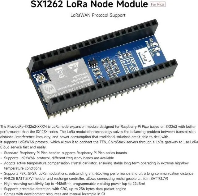 Alt view image 2 of 6 - Pico SX1262 LoRa Node Module, Compatible with Raspberry Pi Pico, LoRaWAN Protocol Support, Long Range, Low Power, High Sensitivity Wireless Communication for IoT Projects