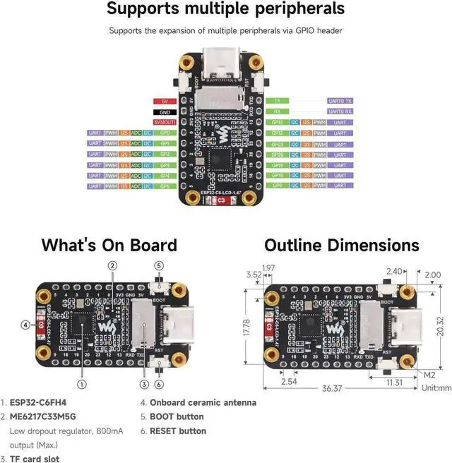 Alt view image 2 of 7 - ESP32-C6 1.47inch Display Development Board, 172×320, 262K Color, 160MHz Running Frequency Single-Core Processor, Supports Wi-Fi 6 & BLE, with Colorful RGB LED, ESP32 with Display