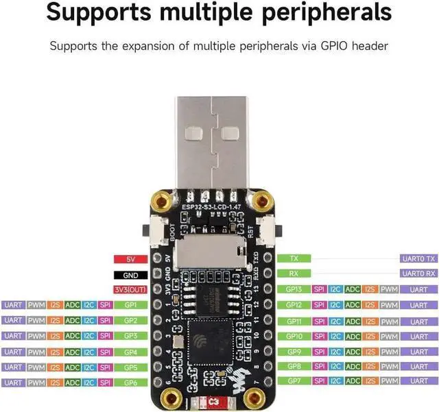 Alt view image 2 of 7 - ESP32-S3 1.47inch Display Development Board, Dual-core Processor Up to 240MHz Frequency, 172×320, 262K Color, Supports WiFi & BLE 5, with Colorful RGB LED, ESP32 with Display