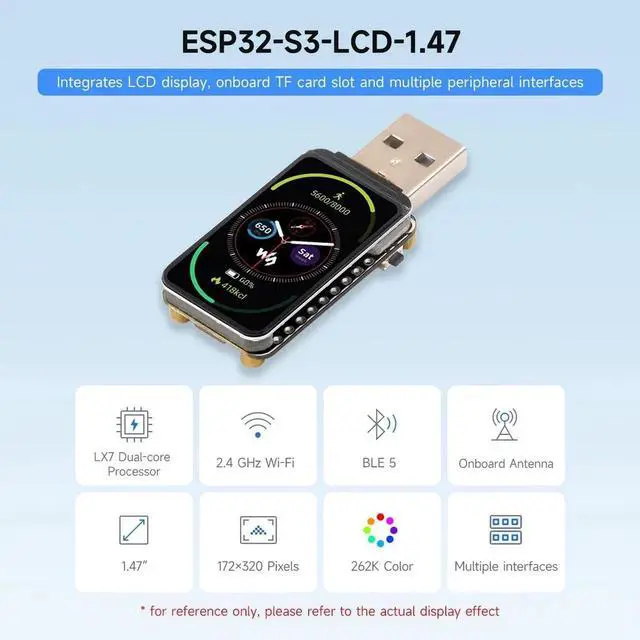 Alt view image 3 of 7 - ESP32-S3 1.47inch Display Development Board, Dual-core Processor Up to 240MHz Frequency, 172×320, 262K Color, Supports WiFi & BLE 5, with Colorful RGB LED, ESP32 with Display