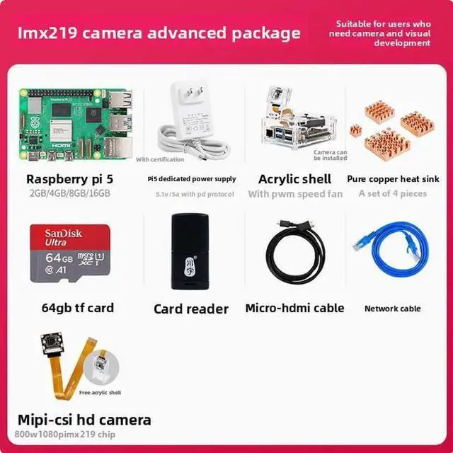 Main image of Raspberry Pi 5 development board AI beginner kit PCIe programming motherboard IMX219 camera advanced package 2GB