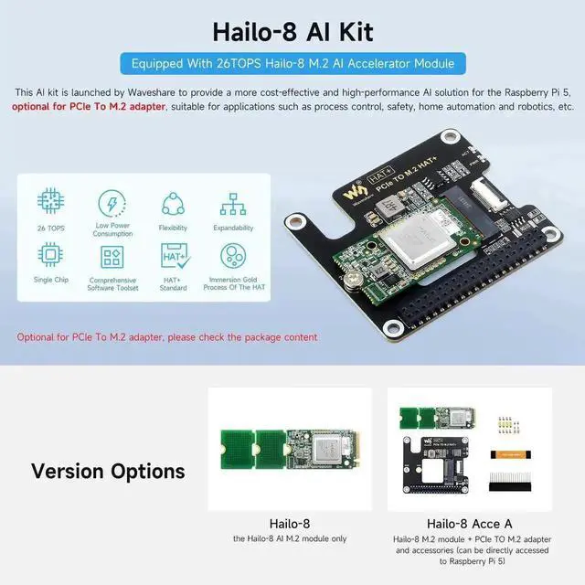 Alt view image 2 of 5 - Hailo-8 M.2 AI Accelerator Module, Compatible with Raspberry Pi 5, Supports Linux/Windows Systems, Based On The 26TOPS Hailo-8 AI Processor, Comes with PCIe to M.2 Adapter Board