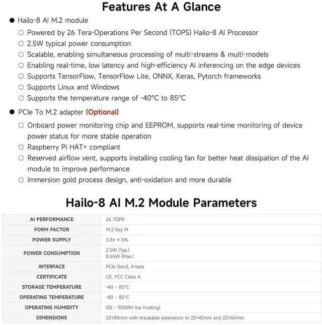 Alt view image 3 of 5 - Hailo-8 M.2 AI Accelerator Module, Compatible with Raspberry Pi 5, Supports Linux/Windows Systems, Based On The 26TOPS Hailo-8 AI Processor, Comes with PCIe to M.2 Adapter Board