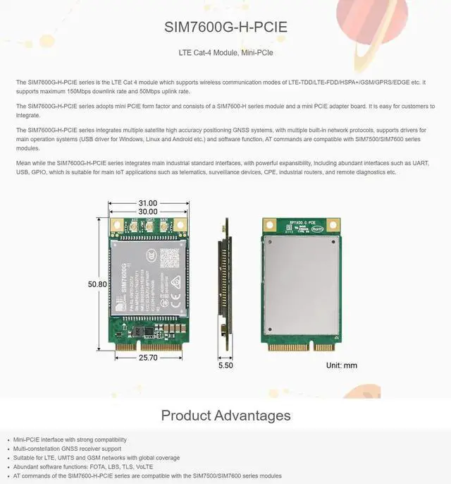 Alt view image 4 of 4 - SIM7600G-H-PCIE SIMCom Original 4G LTE Cat-4 Module Global Coverage with GNSS Support Mini-PCIe Connector LTE-TDD LTE-FDD HSPA+ GSM GPRS Edge