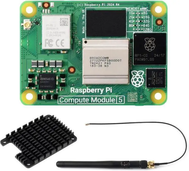 Main image of CM5 Pi Compute Module 5,Comes with an Official Raspberry Pi CM5108032 (with Wireless, 8GB RAM, 32GB eMMC Flash), an Antenna Kit and a HEATSINK. (3 Items)