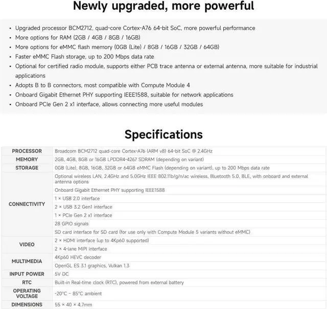 Alt view image 2 of 6 - CM5 Pi Compute Module 5, Comes with an Official Raspberry Pi CM5108000 (with Wireless, 8GB RAM, 0GB (Lite) eMMC Flash), an Antenna Kit and a HEATSINK (3 Items)