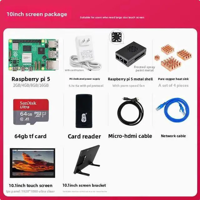 Main image of Raspberry Pi 5 Development Board 10-inch Screen Package Comes with 10.1-inch HDMI LCD Display Screen, IPS Monitor and Stand 4GB