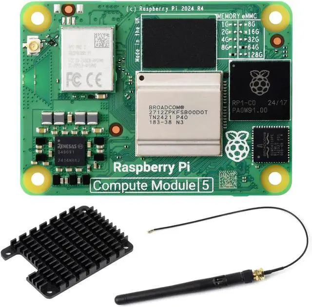 Main image of CM5 Pi Compute Module 5,Comes with an Official Raspberry Pi CM5116064 (with Wireless, 16GB RAM, 64GB eMMC Flash), an Antenna Kit and a HEATSINK. (3 Items)