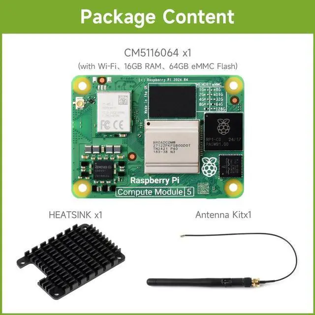 Alt view image 4 of 7 - CM5 Pi Compute Module 5,Comes with an Official Raspberry Pi CM5116064 (with Wireless, 16GB RAM, 64GB eMMC Flash), an Antenna Kit and a HEATSINK. (3 Items)